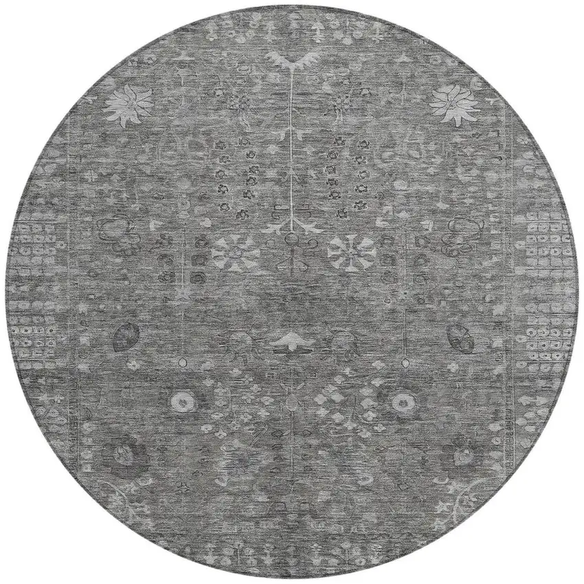8' Pewter And Silver Round Floral Washable Indoor Outdoor Area Rug Photo 4