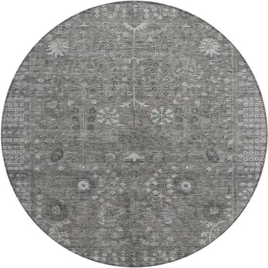 8' Pewter And Silver Round Floral Washable Indoor Outdoor Area Rug Photo 2