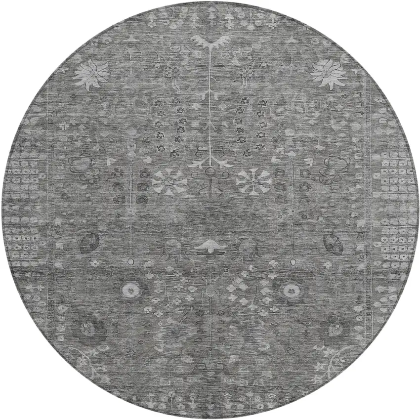 8' Pewter And Silver Round Floral Washable Indoor Outdoor Area Rug Photo 2