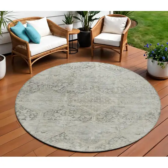 8' Pewter And Silver Round Geometric Washable Indoor Outdoor Area Rug Photo 2