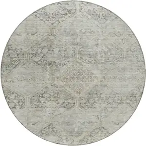Photo of 8' Pewter And Silver Round Geometric Washable Indoor Outdoor Area Rug