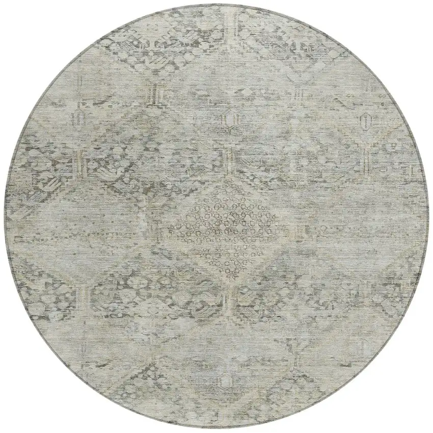 8' Pewter And Silver Round Geometric Washable Indoor Outdoor Area Rug Photo 3