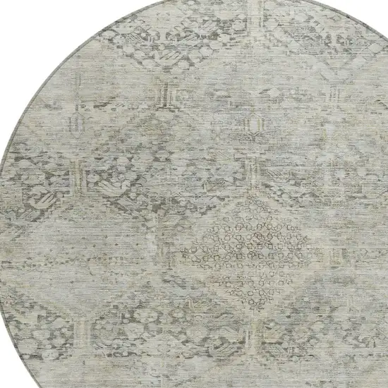 8' Pewter And Silver Round Geometric Washable Indoor Outdoor Area Rug Photo 7