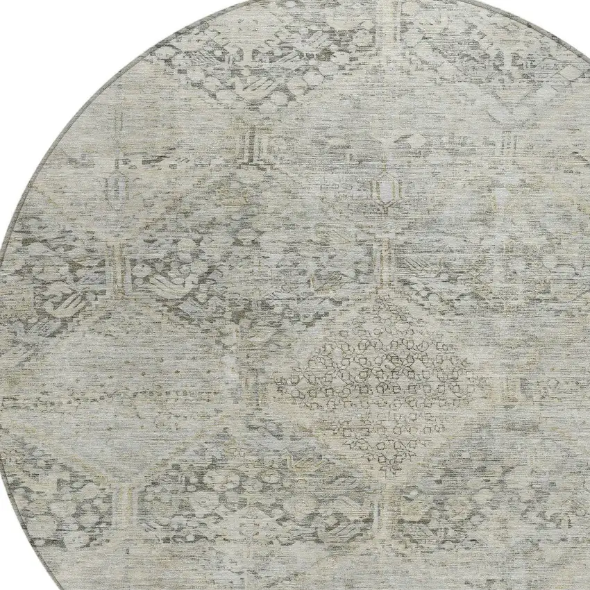 8' Pewter And Silver Round Geometric Washable Indoor Outdoor Area Rug Photo 7