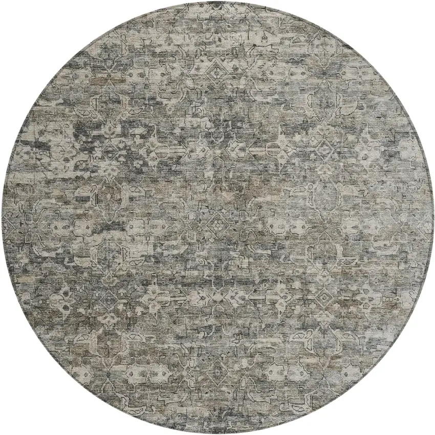 8' Pewter And Silver Round Ikat Washable Indoor Outdoor Area Rug Photo 2