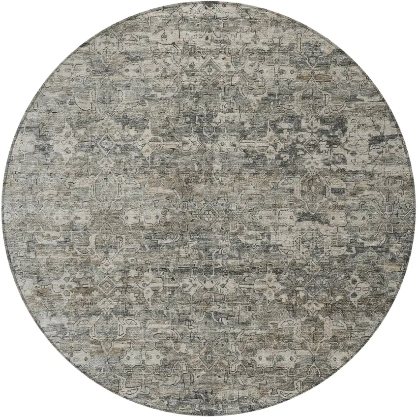 8' Pewter And Silver Round Ikat Washable Indoor Outdoor Area Rug Photo 5