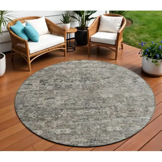 8' Pewter And Silver Round Ikat Washable Indoor Outdoor Area Rug Photo 1
