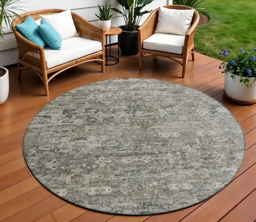 8' Pewter And Silver Round Ikat Washable Indoor Outdoor Area Rug Photo 1