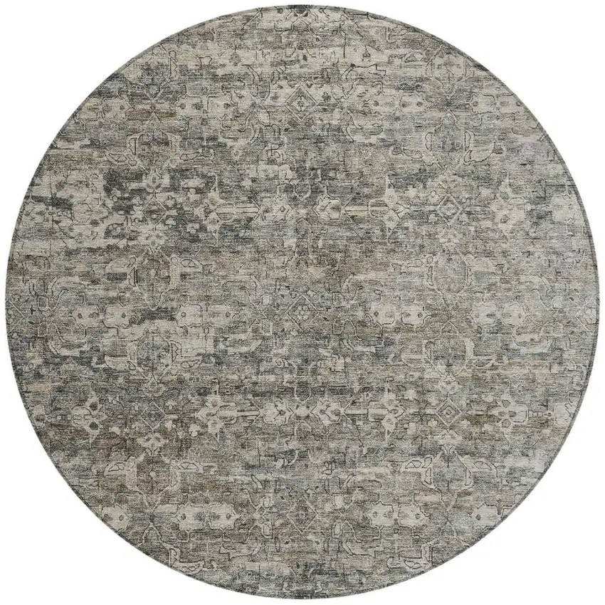 8' Pewter And Silver Round Ikat Washable Indoor Outdoor Area Rug Photo 4