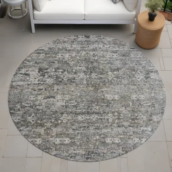 8' Pewter And Silver Round Ikat Washable Indoor Outdoor Area Rug Photo 7