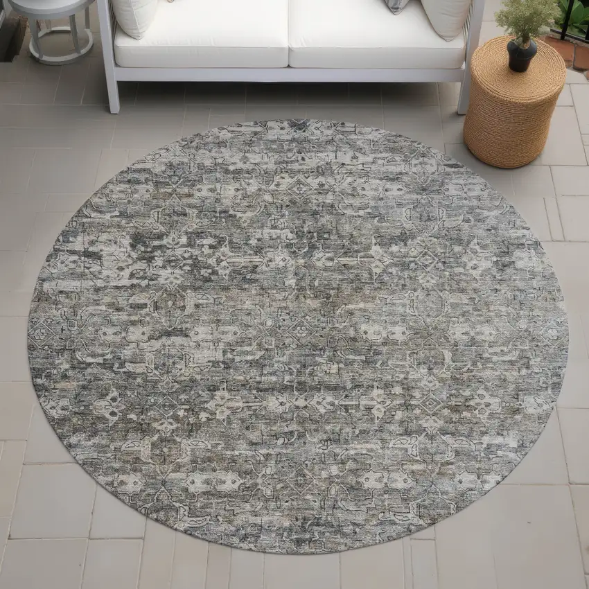 8' Pewter And Silver Round Ikat Washable Indoor Outdoor Area Rug Photo 7