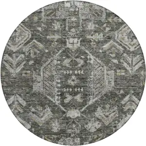 Photo of 8' Pewter And Silver Round Medallion Washable Indoor Outdoor Area Rug