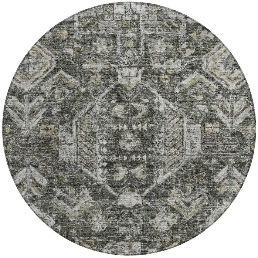 8' Pewter And Silver Round Medallion Washable Indoor Outdoor Area Rug Photo 3