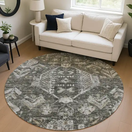 8' Pewter And Silver Round Medallion Washable Indoor Outdoor Area Rug Photo 5