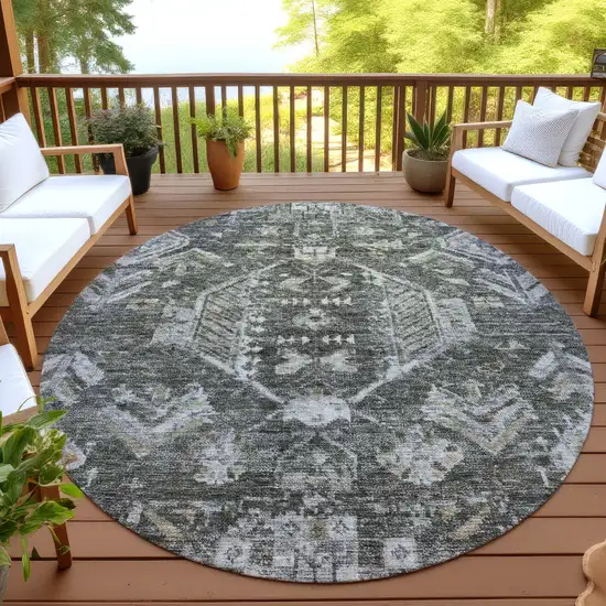 8' Pewter And Silver Round Medallion Washable Indoor Outdoor Area Rug Photo 4
