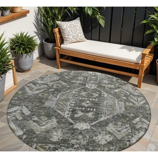 8' Pewter And Silver Round Medallion Washable Indoor Outdoor Area Rug Photo 9