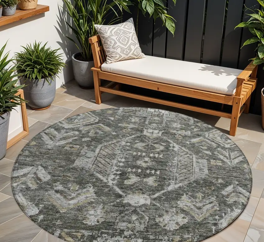 8' Pewter And Silver Round Medallion Washable Indoor Outdoor Area Rug Photo 9