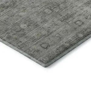 Photo of 8' Pewter And Taupe Geometric Washable Round Rug With UV Protection