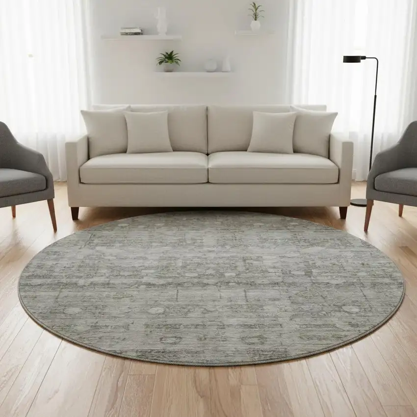 8' Pewter And Taupe Geometric Washable Round Rug With UV Protection Photo 2