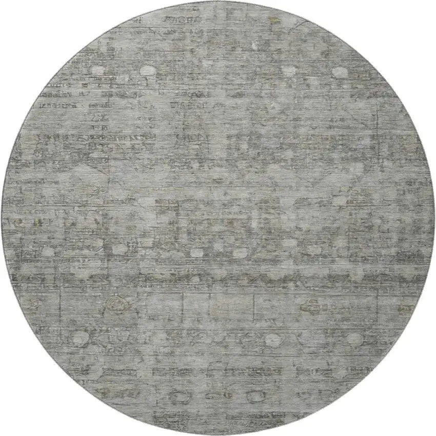 8' Pewter And Taupe Geometric Washable Round Rug With UV Protection Photo 4