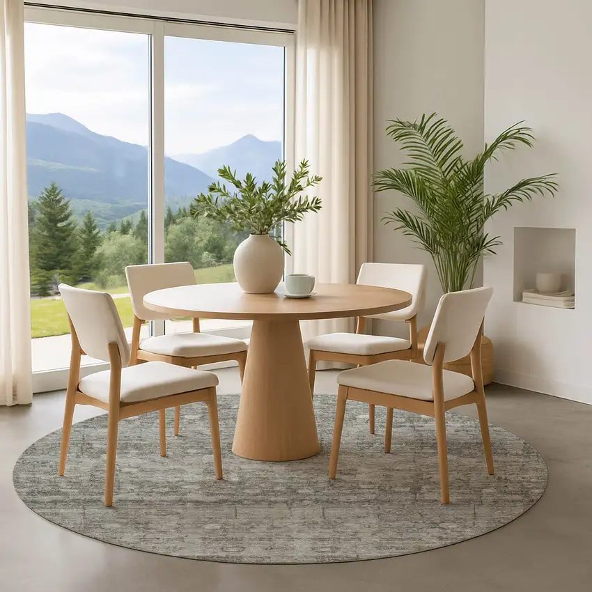 8' Pewter And Taupe Geometric Washable Round Rug With UV Protection Photo 4