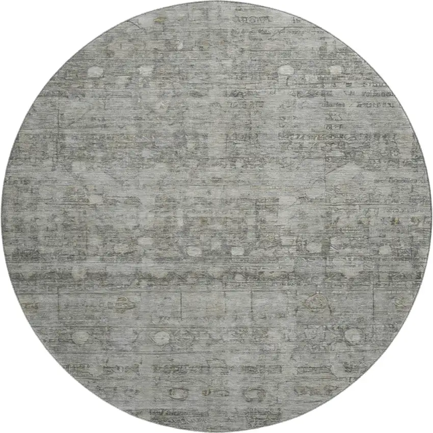 8' Pewter And Taupe Geometric Washable Round Rug With UV Protection Photo 1
