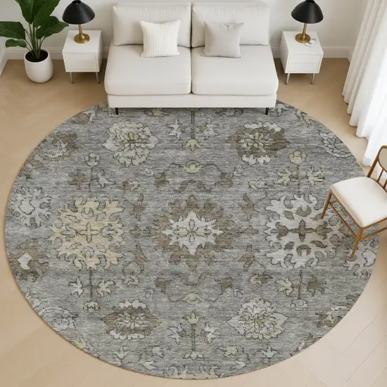 8' Pewter And Taupe Oriental Washable Round Rug With UV Protection Photo 5