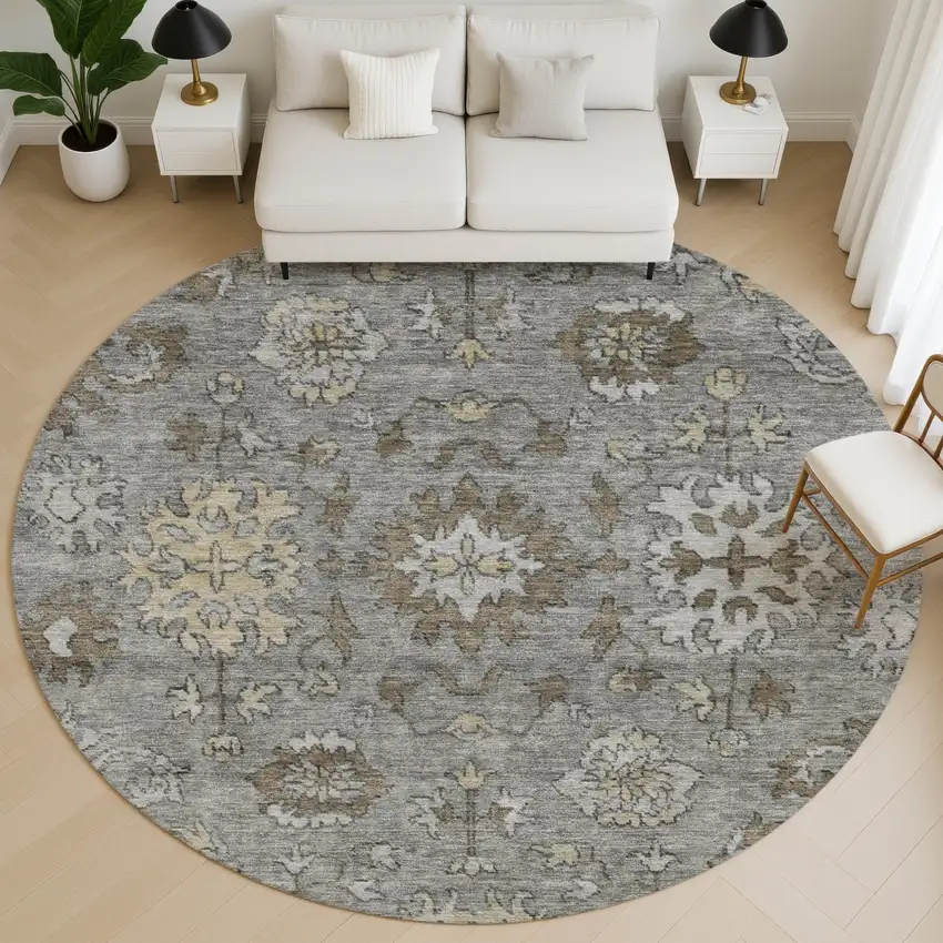 8' Pewter And Taupe Oriental Washable Round Rug With UV Protection Photo 5