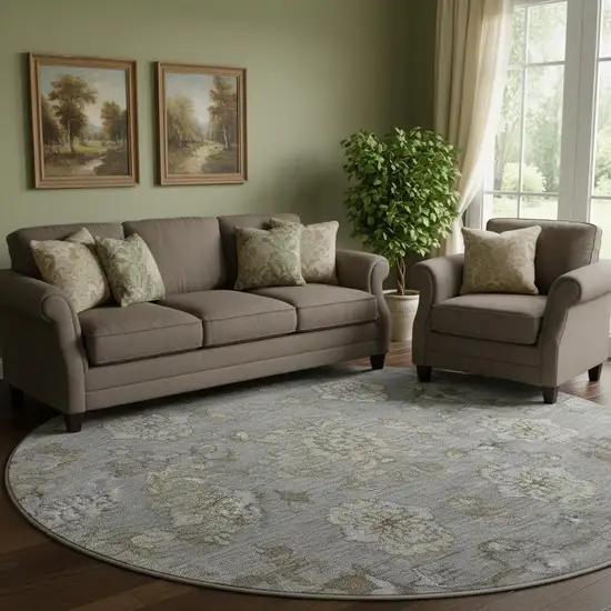 8' Pewter And Taupe Oriental Washable Round Rug With UV Protection Photo 2