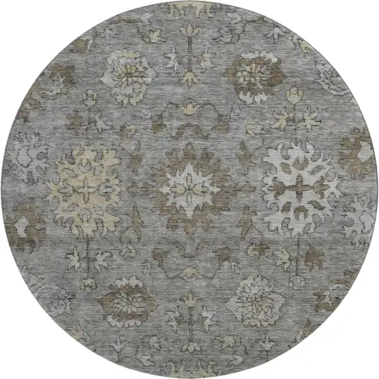 8' Pewter And Taupe Oriental Washable Round Rug With UV Protection Photo 1