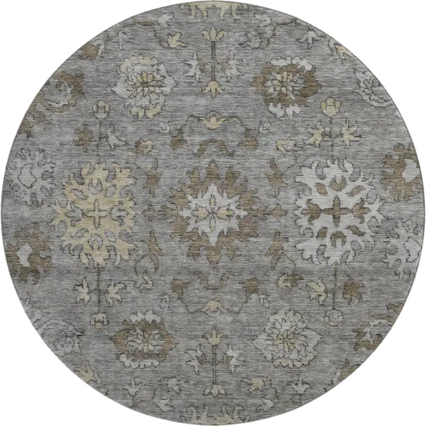 8' Pewter And Taupe Oriental Washable Round Rug With UV Protection Photo 1