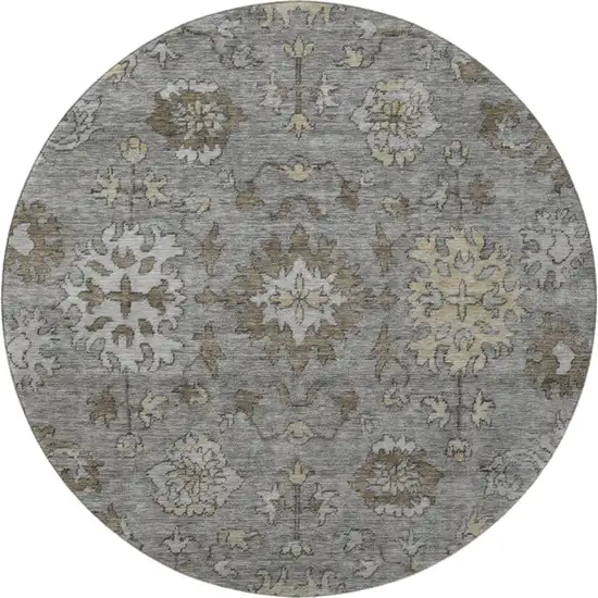 8' Pewter And Taupe Oriental Washable Round Rug With UV Protection Photo 4