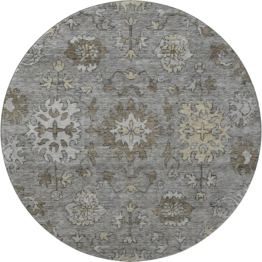 8' Pewter And Taupe Oriental Washable Round Rug With UV Protection Photo 4