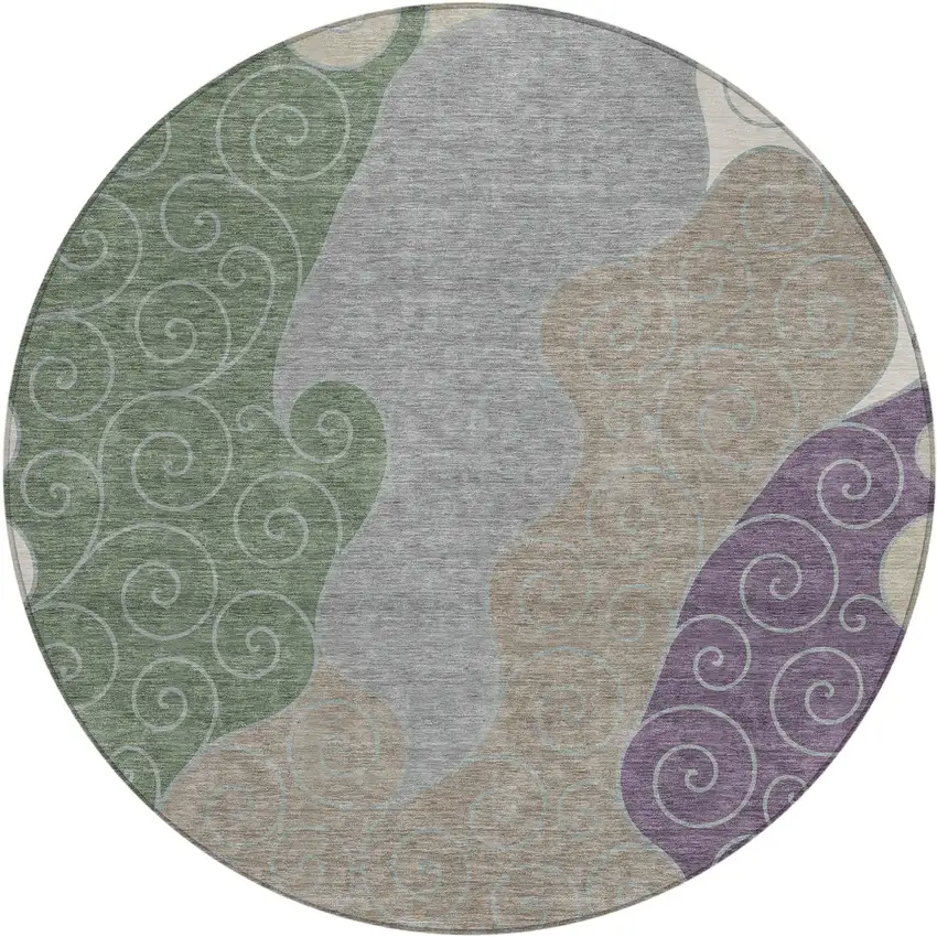 8' Pewter And Taupe Round Abstract Washable Indoor Outdoor Area Rug Photo 1