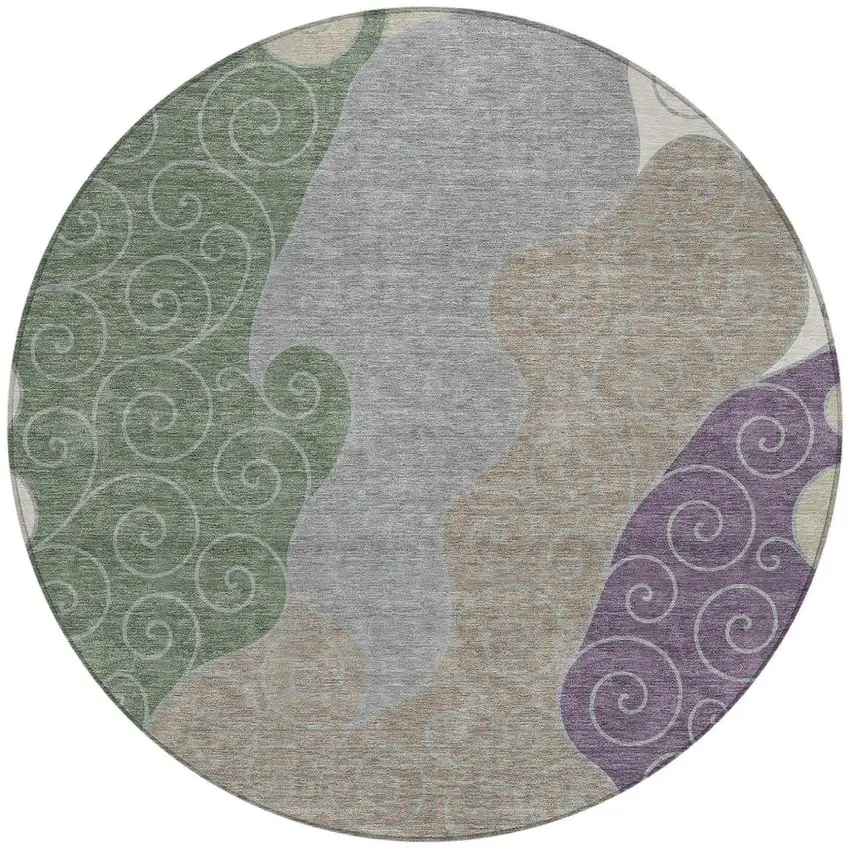 8' Pewter And Taupe Round Abstract Washable Indoor Outdoor Area Rug Photo 3