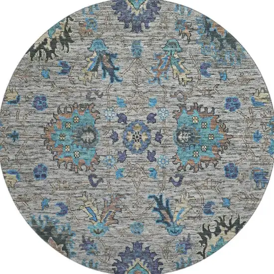 8' Pewter And Teal Oriental Washable Round Rug With UV Protection Photo 3