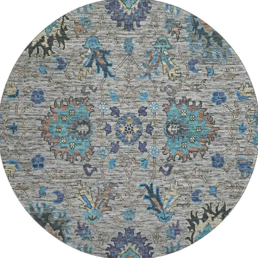 8' Pewter And Teal Oriental Washable Round Rug With UV Protection Photo 3