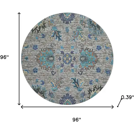 8' Pewter And Teal Oriental Washable Round Rug With UV Protection Photo 7