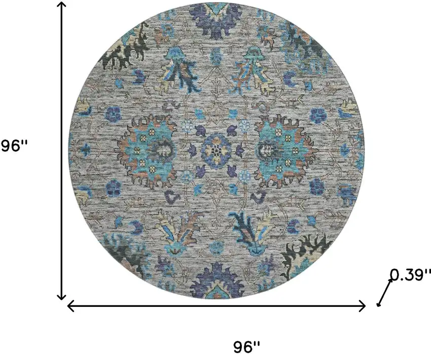 8' Pewter And Teal Oriental Washable Round Rug With UV Protection Photo 7