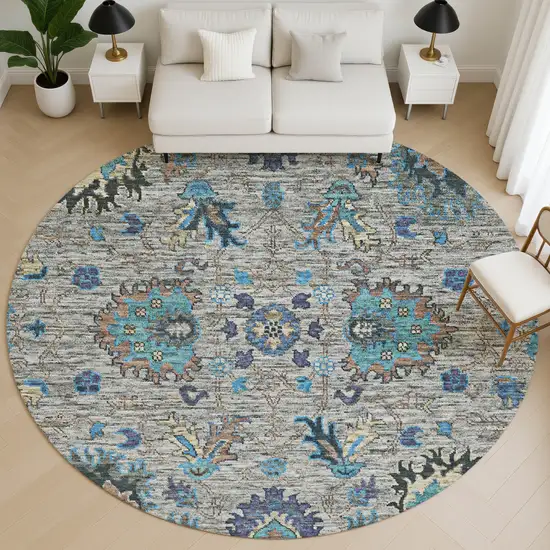 8' Pewter And Teal Oriental Washable Round Rug With UV Protection Photo 5