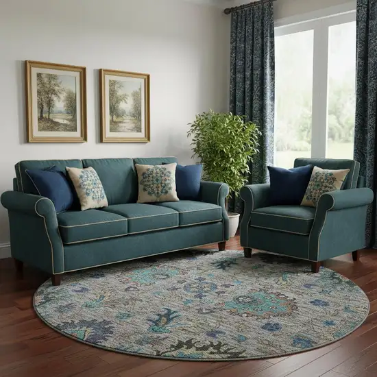 8' Pewter And Teal Oriental Washable Round Rug With UV Protection Photo 2