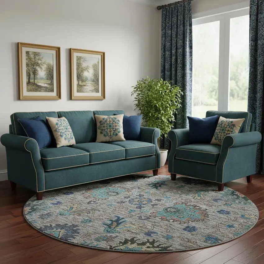 8' Pewter And Teal Oriental Washable Round Rug With UV Protection Photo 2