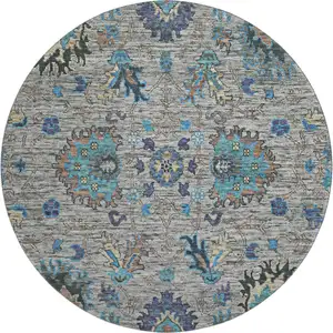 Photo of 8' Pewter And Teal Oriental Washable Round Rug With UV Protection