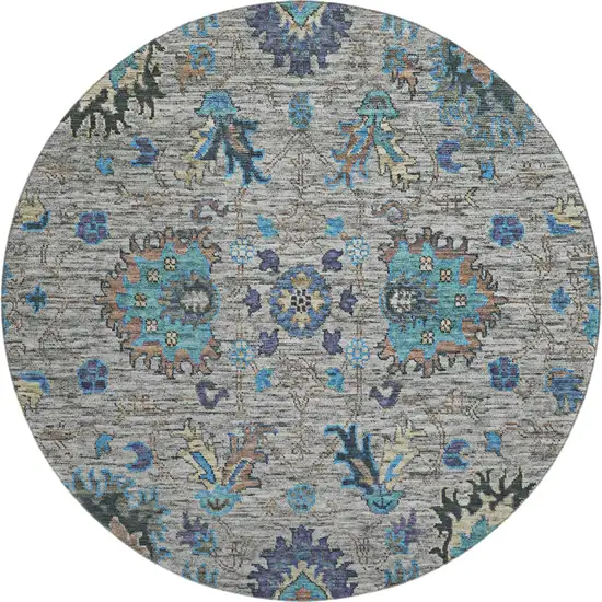 8' Pewter And Teal Oriental Washable Round Rug With UV Protection Photo 1