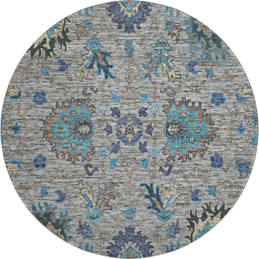 8' Pewter And Teal Oriental Washable Round Rug With UV Protection Photo 1