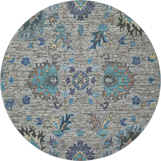 8' Pewter And Teal Oriental Washable Round Rug With UV Protection Photo 4
