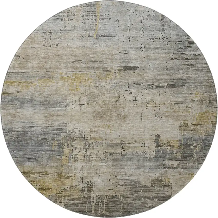 8' Pewter And Wheat Abstract Washable Round Rug With UV Protection Photo 3