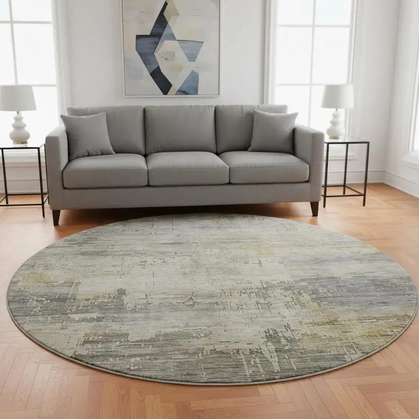 8' Pewter And Wheat Abstract Washable Round Rug With UV Protection Photo 2