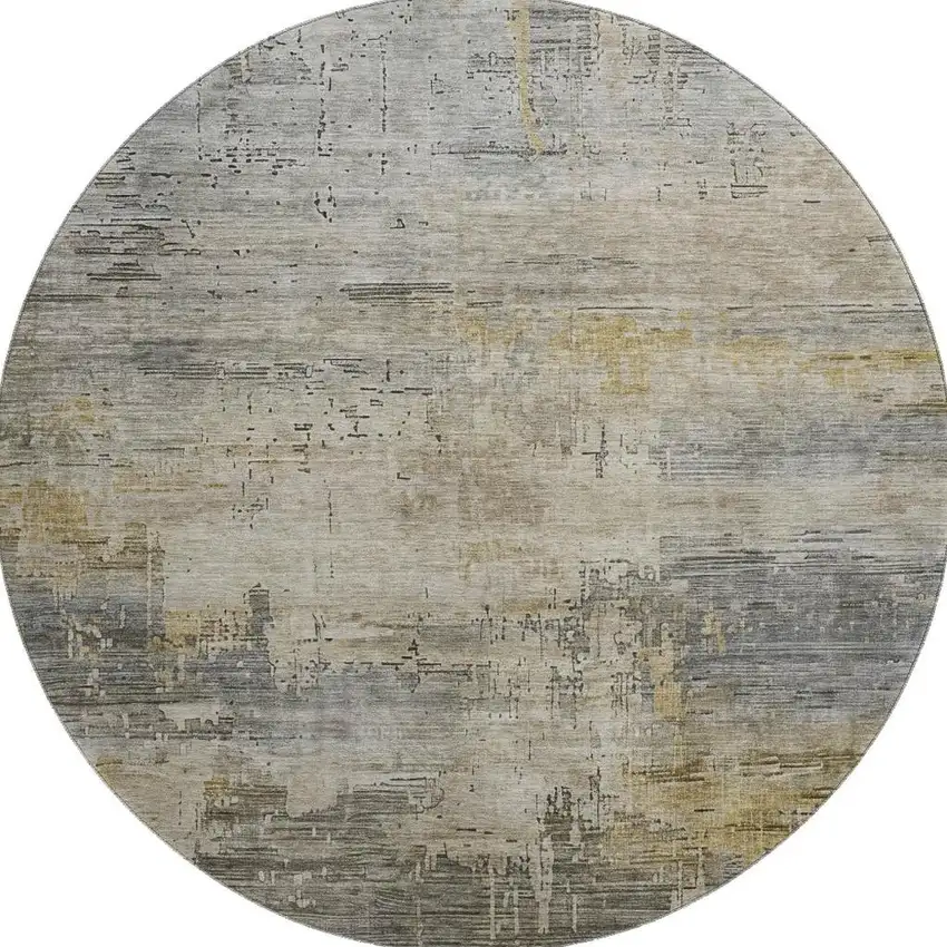 8' Pewter And Wheat Abstract Washable Round Rug With UV Protection Photo 2