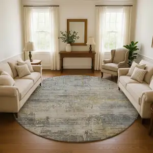 Photo of 8' Pewter And Wheat Abstract Washable Round Rug With UV Protection